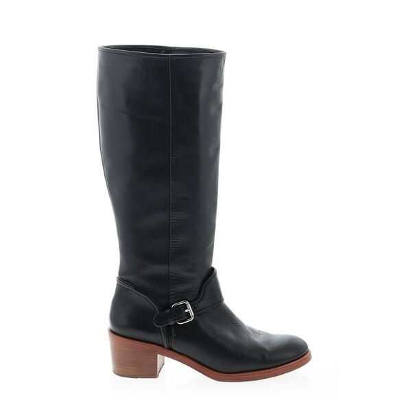 Coach Riding Boots Cecelia Buckle Leather Black Block Wooden Heel Harness Round - Picture 1 of 9